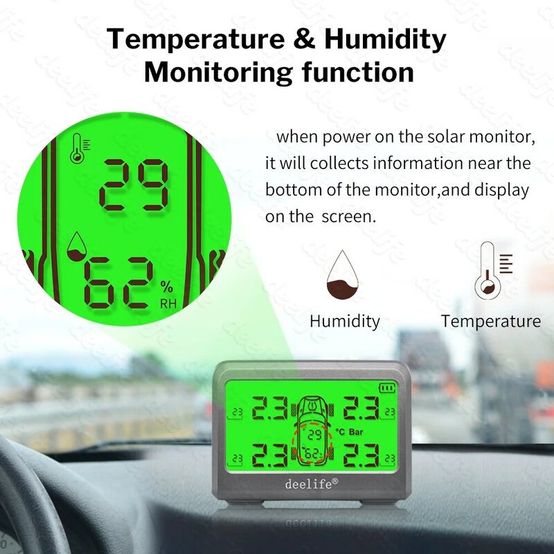 نظام مراقبة ضغط الإطارات بالطاقة الشمسية من Deelife TPMS 0-116 Psi 0-8 Bar TMPS جهاز مراقبة ضغط الإطارات في السيارة جهاز استشعار خارجي داخلي