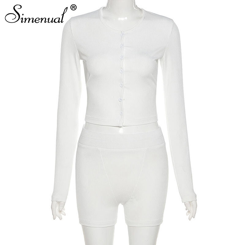 Simenual Ribbed Top And Shorts Two Piece Sets For Women White Basic Casual Long Sleeve Loungewear Co-ord Outfits Buttons Sporty