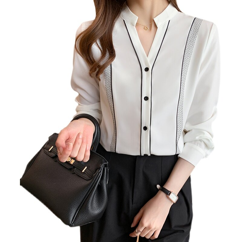 เกาหลีแฟชั่นชีฟองผู้หญิงเสื้อ WhiteOffice Lady ปุ่มเสื้อแขนยาว Vintage Ladies Tops Camisas De Mujer