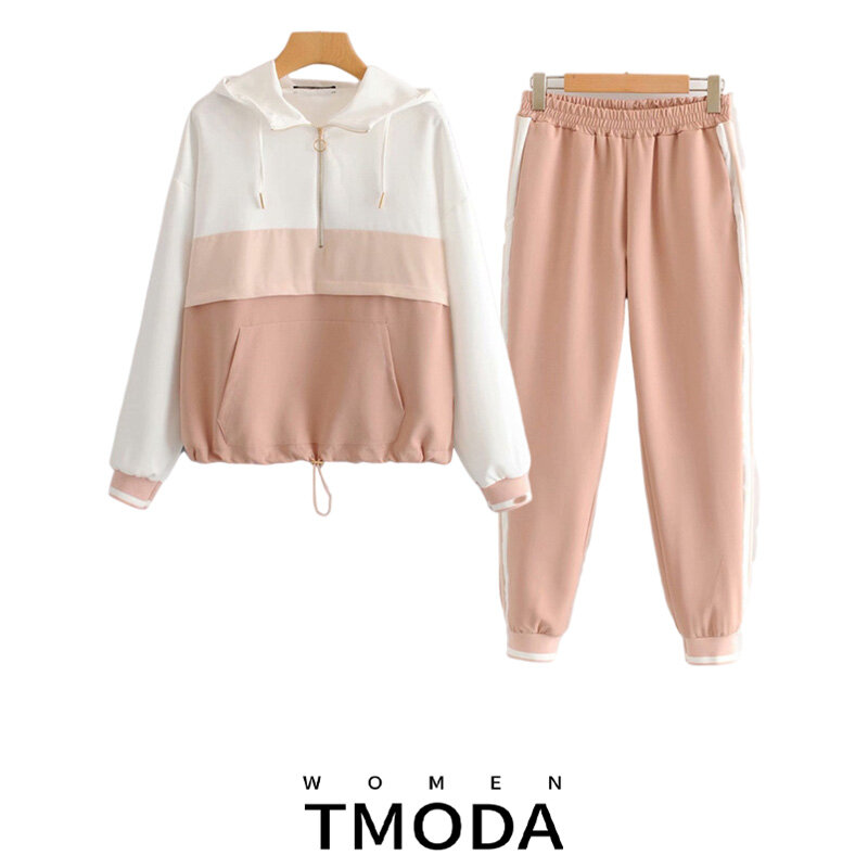 2021 Set femminile Vintage contrasto colore Baseball Bomber Pullover giacca donna top e matita pantaloni da Jogging abiti Set di due pezzi