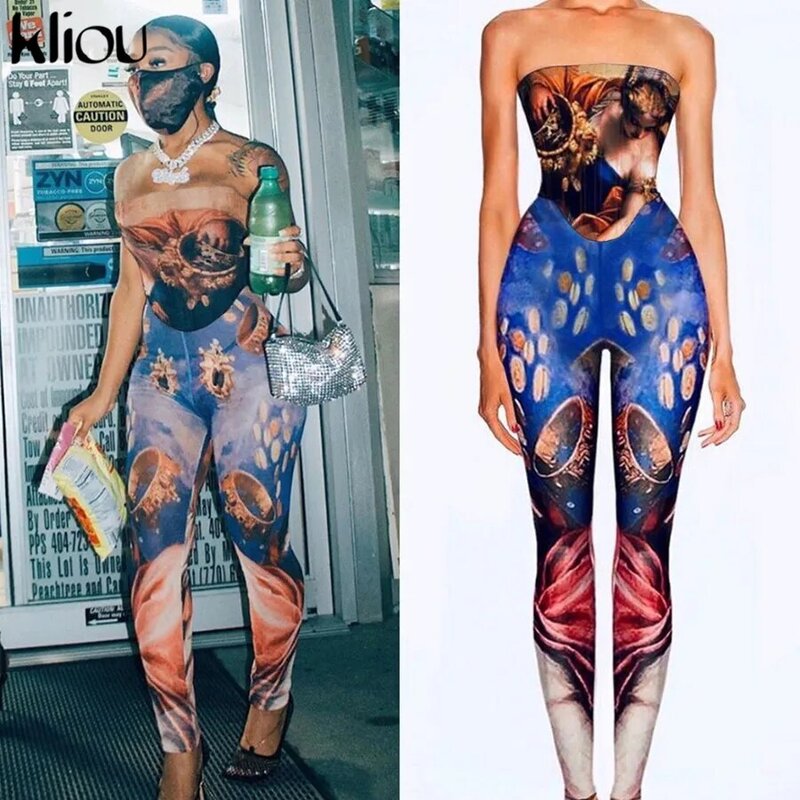 Kliou women skinny sleeveless strapless jumpsuits stretchy activewear sporty pattern print overalls workout casual streetwear