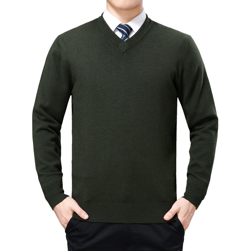 Zimowy Puyuan męski business casual męski sweter sweter jednolity kolor V-neck zagęszczony dół sweter