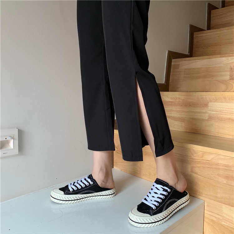 Универсальные брюки до щиколотки с разрезом в Корейском стиле, брюки с высокой талией и широкими штанинами, летние тонкие черные брюки для ж...