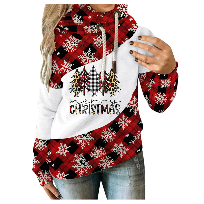 Women Casual Hoodies Vintage Christmas Printed Contrast Splice Long Sleeve Hoodie Sweatshirt Strap Tops Winter Clothes L*5
