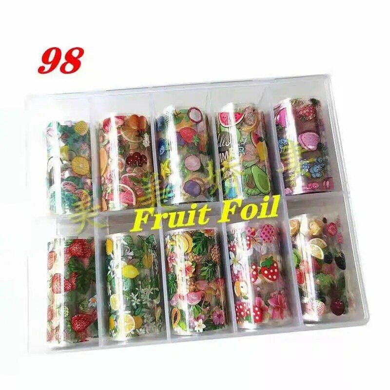 Caja de 10 rollos de papel de transferencia holográfica para decoración de uñas, papel de aluminio a rayas, láser, fruta, fresa 3D, 4x50cm