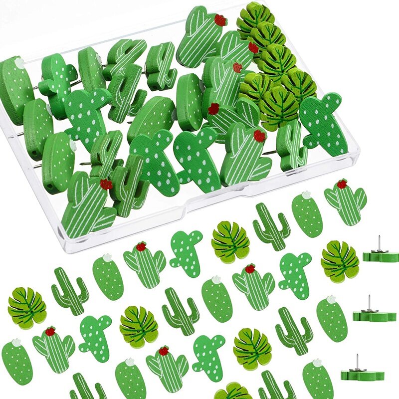 30 Pcs Wood Push Pins Cactus Palm Leaves Thumb Suitable for Photo Walls, Maps, Bulletin Boards or Cork Boards