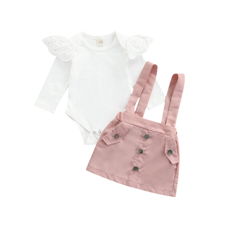 Joli costume deux pièces pour bébé fille, en coton, à la mode, couleur unie, à volants, manches longues et jupe à bretelles à boutons, automne