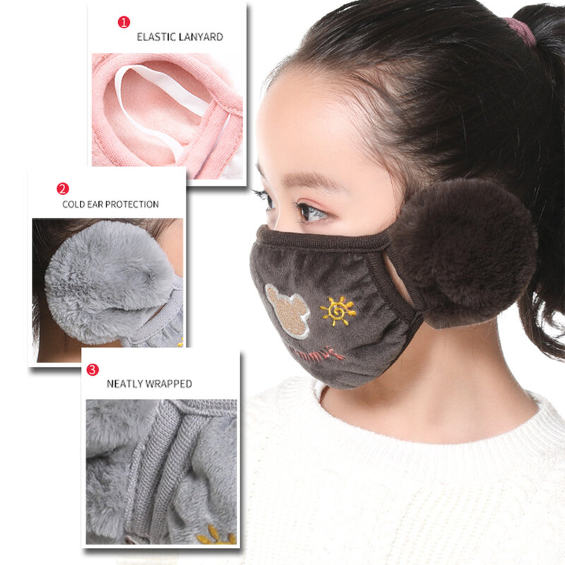 Cute bear-Protector de media cara para niños, a prueba de viento, antipolvo, de algodón, antiniebla, con orejeras, para invierno