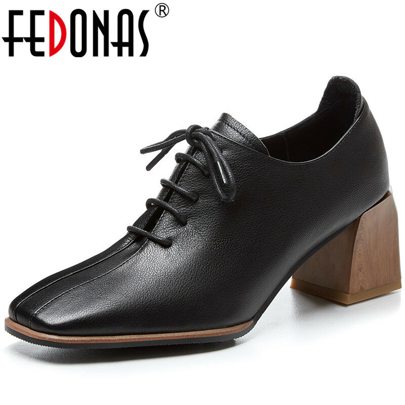 FEDONAS Women Newest Cow Leather Square Toe Pumps Brand Cross Tied Thick Heels Shoes Working Concise Spring Summer Shoes Woman