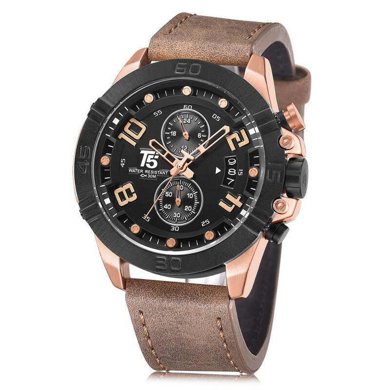 Relógio de pulso de ouro rosa masculino t5, luxuoso com pulseira de couro, cronógrafo de quartzo, à prova d'água, esportivo para homens