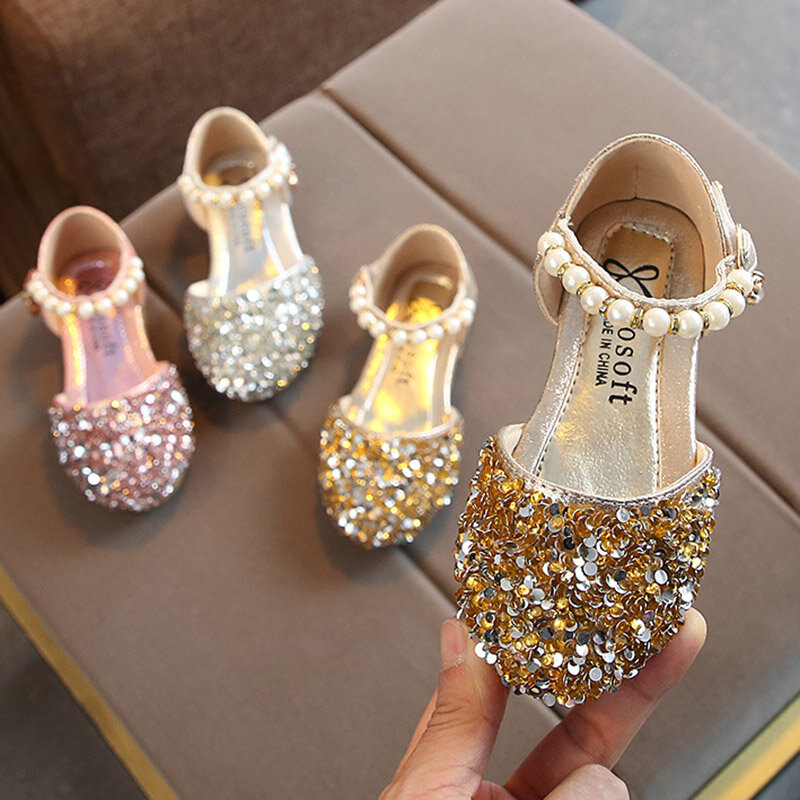 Zapatos de verano para niñas, zapatillas de princesa con cuentas de Mary Janes, zapatos planos de baile para bebé, sandalias para niños, zapatos de boda dorados MCH118