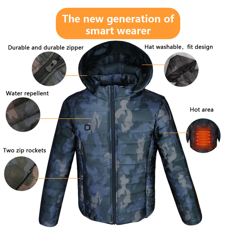 Homens camuflagem aquecida inverno quente jaquetas aquecimento usb acolchoado jaquetas termostato inteligente camuflagem cor com capuz roupas aquecidas