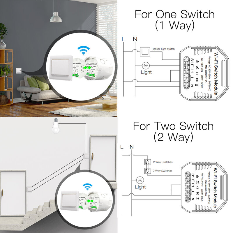 Tuya-mini módulo de interruptor inteligente com controle de intensidade., smart life, wifi, funciona com alexa, google home, 1/2 way, 1/2 gang.