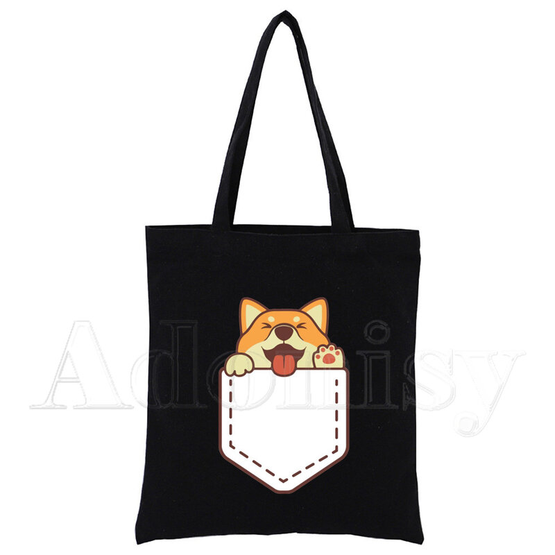 Shiba Inu Custom Tote Bag Shopping Print Original Design Black Unisex Travel Canvas Bags Eco Foldable Shopper Bag