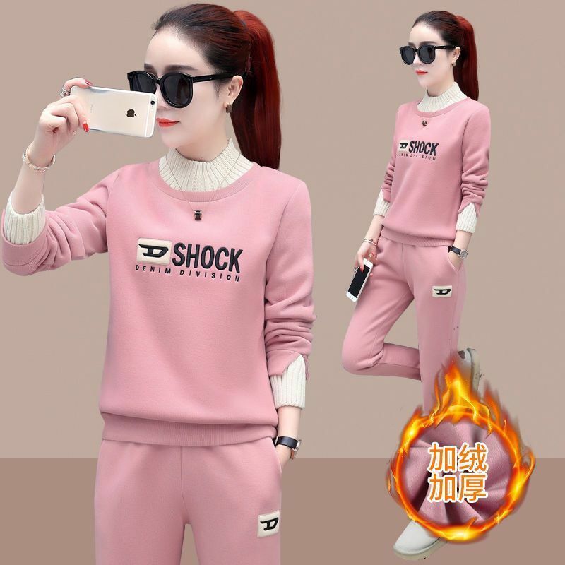 Winter Brushed and Thick 2019 New Autumn and Winter Sports Suite Women's Korean-Style Warm Casual Sweater Two-Piece Set