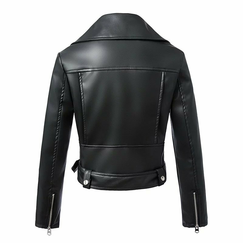 Ailegogo-chaquetas de cuero con cremallera para mujer, abrigo básico con cuello vuelto, motociclista, color negro, con cinturón