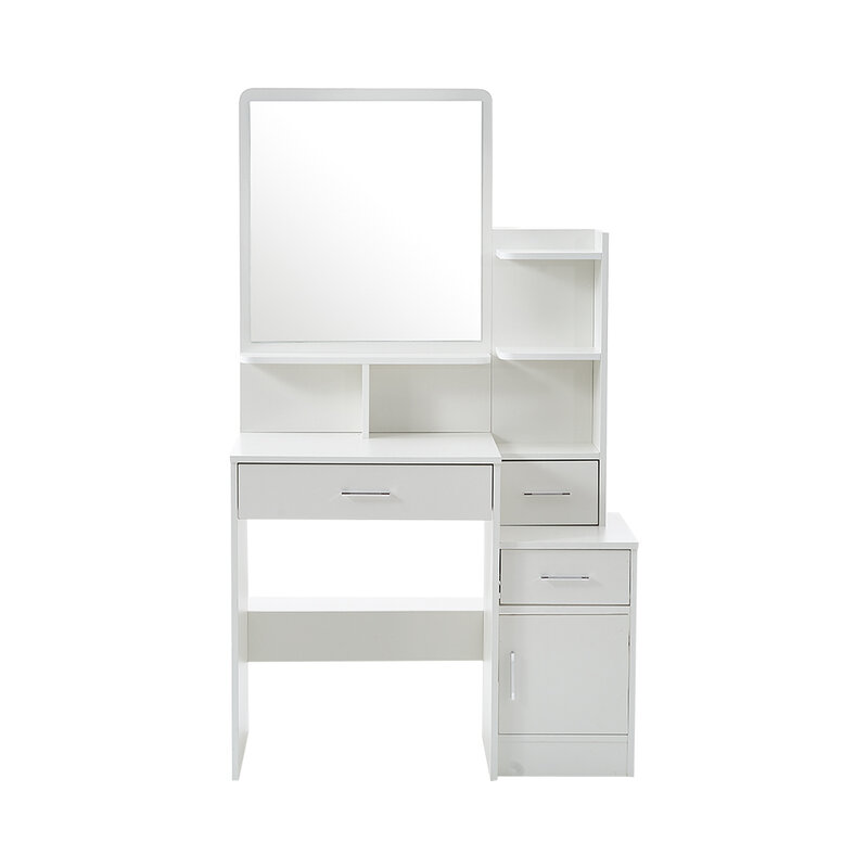 Panana Modern Dressing Table Stool Bedroom Vanity Set Makeup Desk W/ Mirror & 4 Drawers Multi drawer and storage shelves White