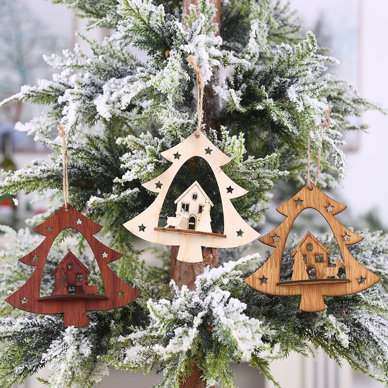 Pingente de árvore de natal de madeira, decoração para festa, presente, criativo, vazado, natal, novo, 2020