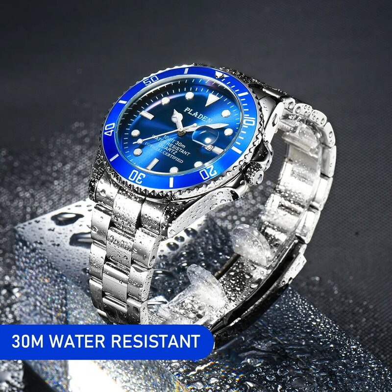 PLADEN Blau Rolle Herren Uhren Wasserdichte Top Marke Luxus Männlichen Armbanduhr Submarine Leucht Edelstahl herren Quarz Uhr