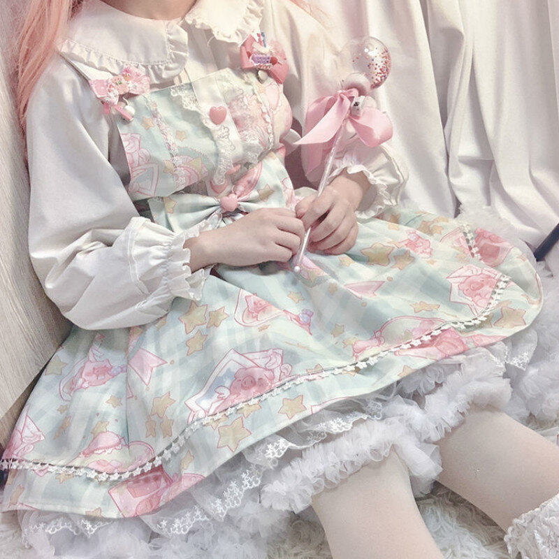 Vestido japonés Kawaii Jsk Lolita para mujer, Vintage, Victoriano, gótico, de dibujos animados, sin mangas, lazo de encaje, Princesa, para fiesta de té