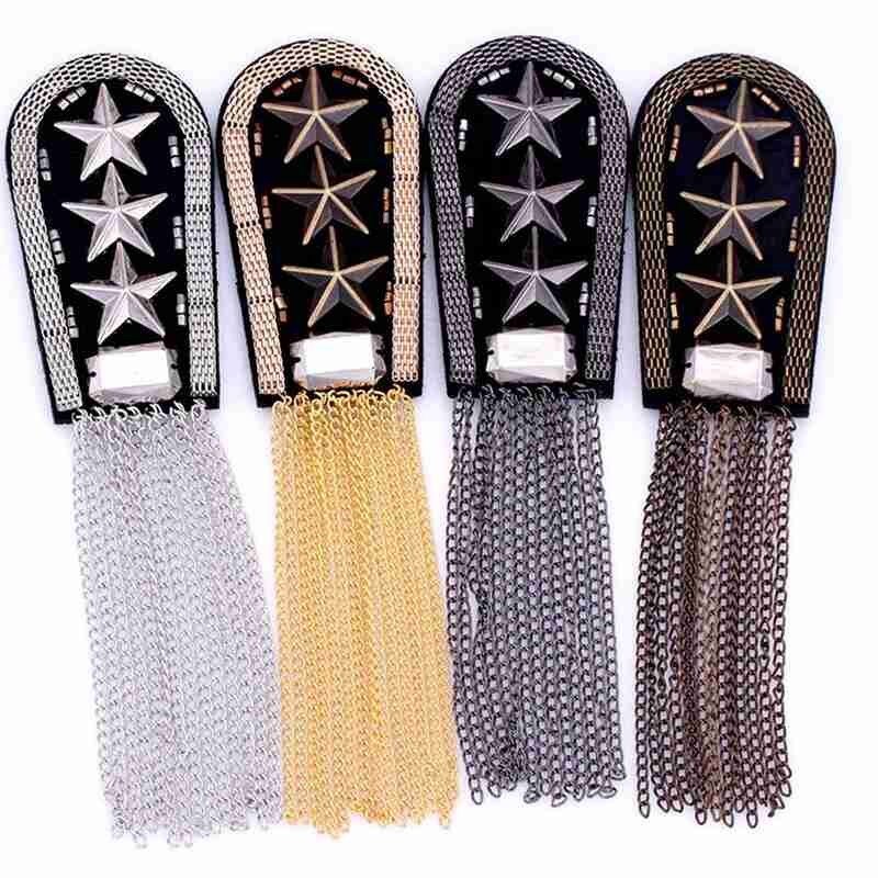 1pc Five Star Tassel Chain Link Badges Military Star Epaulet Shoulder Badge Beads Fabric Metal Epaulette Pin on Brooch Medal