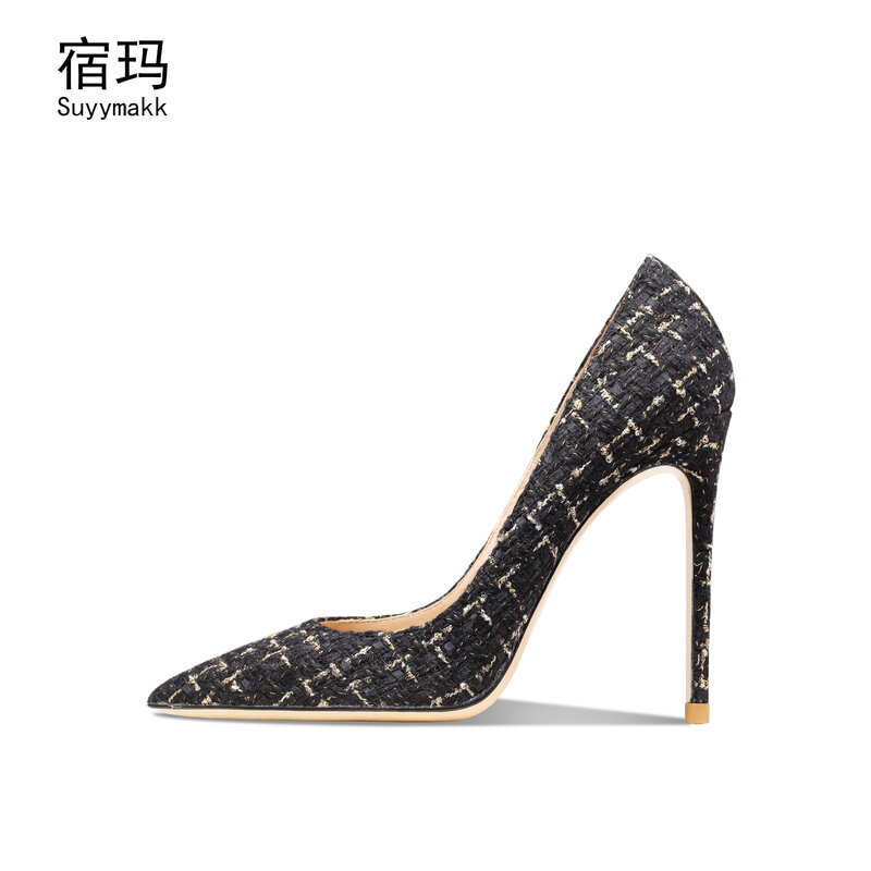 2022 autunno nuovo elegante tacchi alti tessuto a spillo scarpe da donna a punta etichetta nera scarpe singole scarpe da sposa pompe da ufficio 8