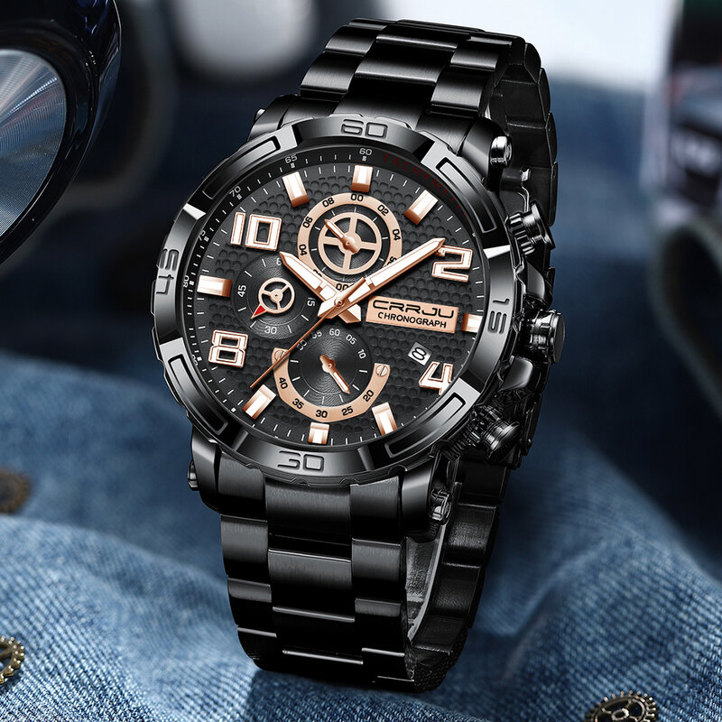 Часы CRRJU мужские наручные, модные водонепроницаемые с браслетом из нержавеющей стали, с датой, цвет черный