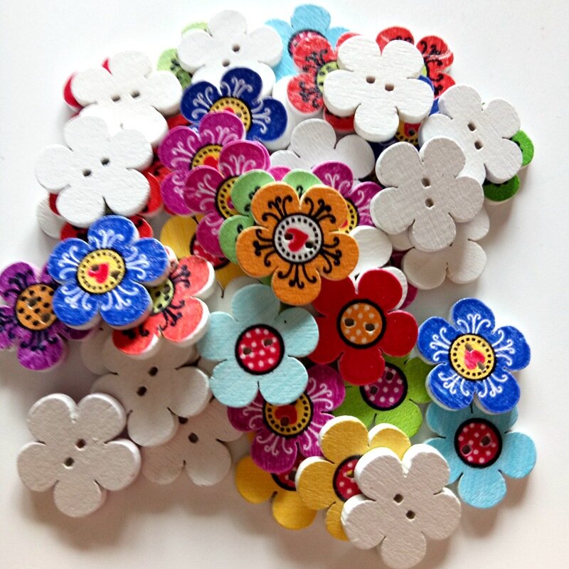 50pcs Wood Sewing Buttons Scrapbooking Craft Garment Clothes DIY Supply Flower 2 Holes Random Color 14 x 15 mm