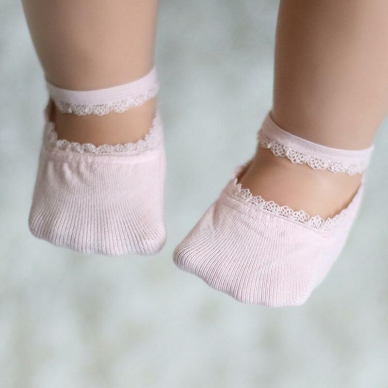 1 Pair Girl Socks Wear-resistant Solid Color Sweat-absorbent Breathable Elastic Baby Girl Lace Crew Socks for Summer