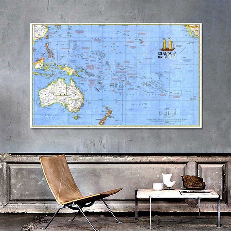 A1 rozmiar mapa dekoracji ścian wysp oceanu spokojnego 1974 edycja Vinyl malowanie natryskowe do szkoły dekoracje biurowe