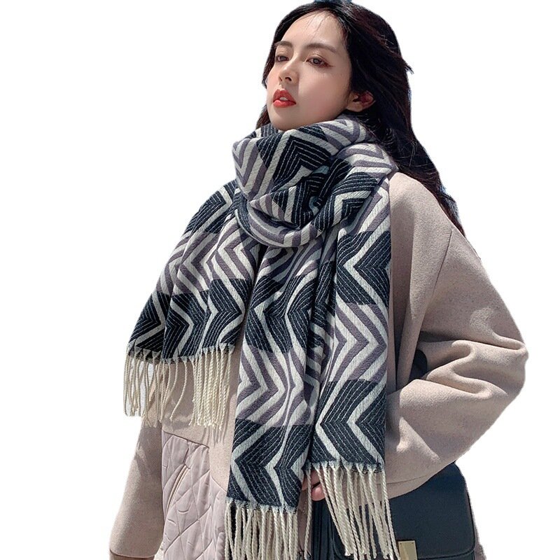 Syal Kasmir Panjang Wanita Musim Gugur Musim Dingin Selendang Mode Manis Korea Jepang Rumbai Tebal Hangat Selendang Cetak Bergaris