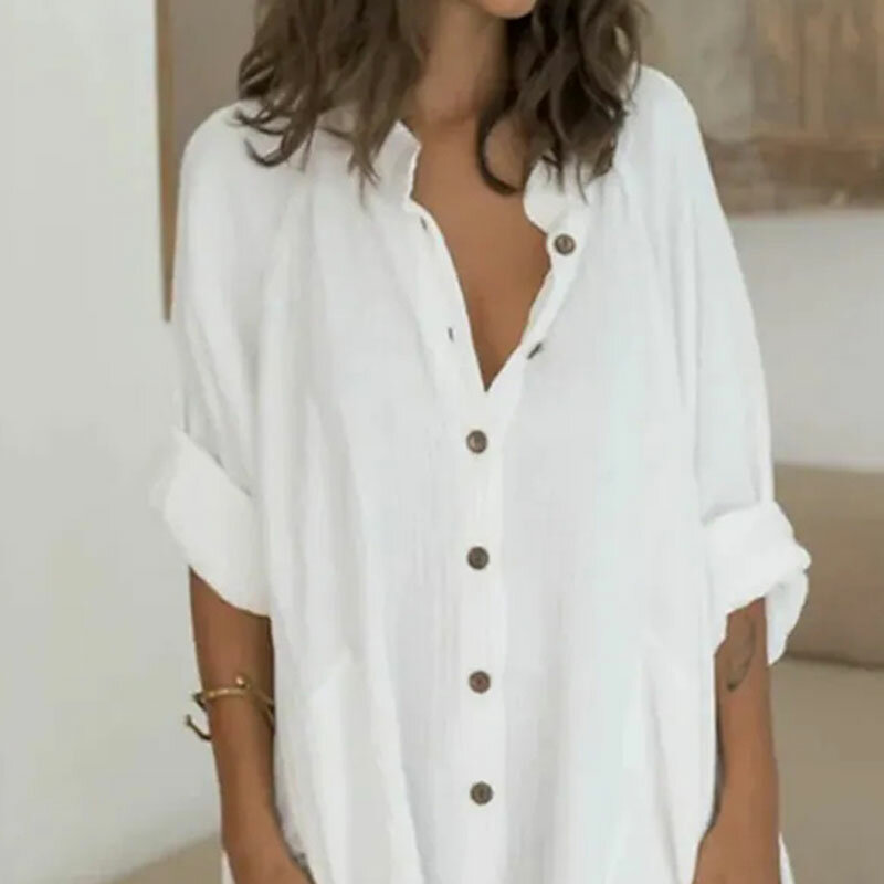 Summer Women Casual Loose Daily Wear White Long Shirts Stand V Neck Solid Color Button Pocket Design Long Sleeve Fashion Top