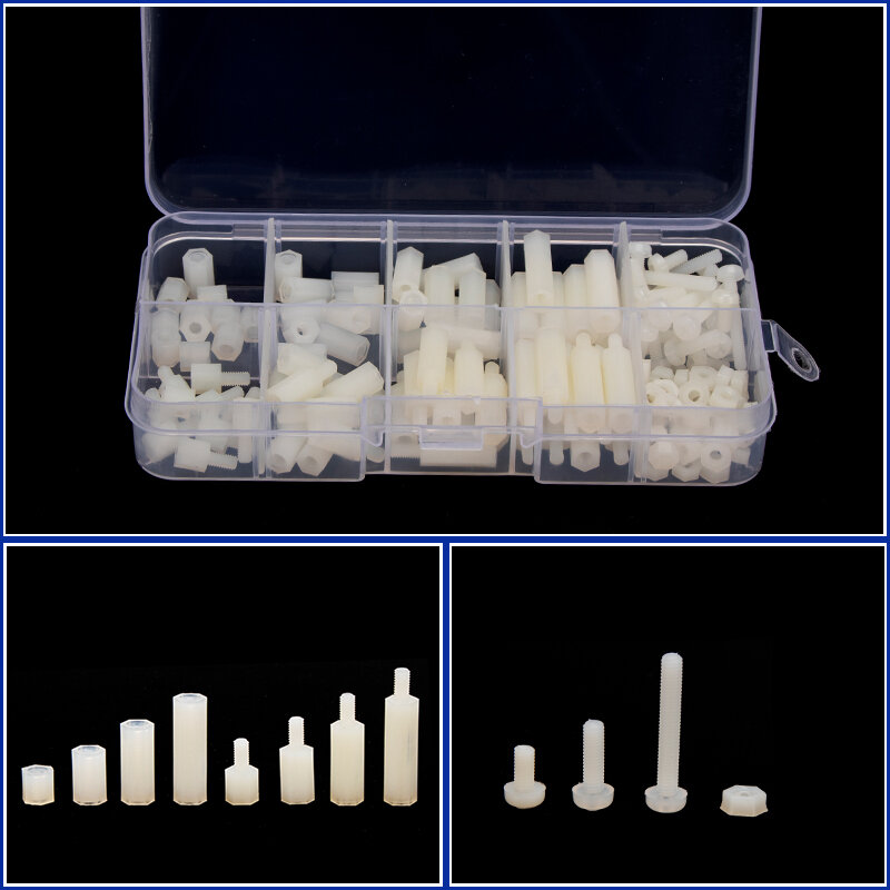 Espaciador de nailon hexagonal macho y hembra, Kit surtido de tuercas de plástico, espaciado blanco, 150 unids/set, M3NLB206