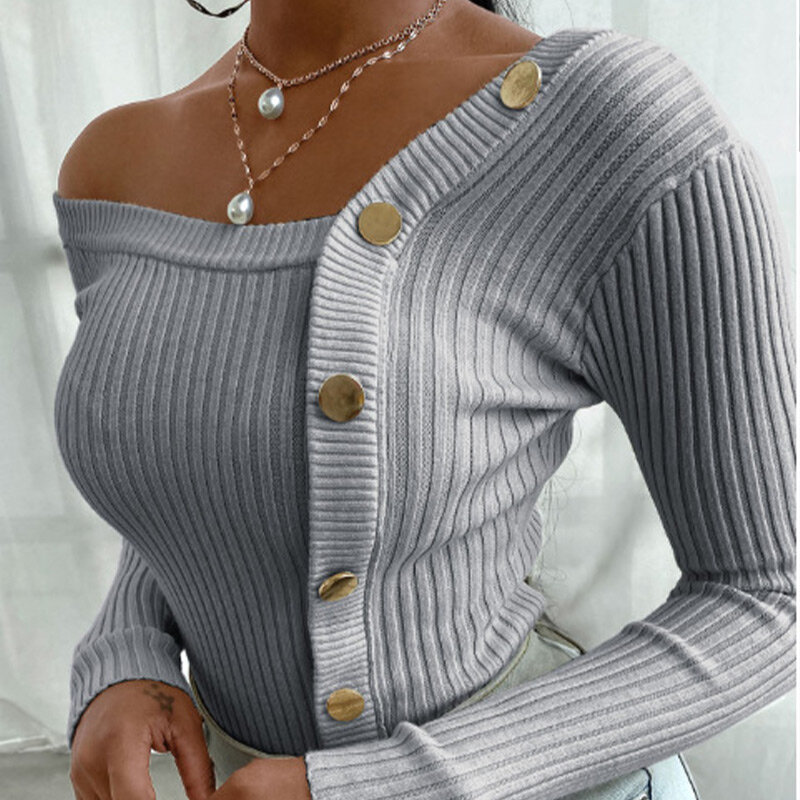 Женский свитер на одно плечо, облегающий пуловер с длинным рукавом, однотонные женские свитера на пуговицах, осень 2020, модный сексуальный же...
