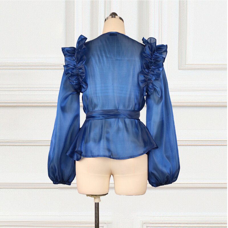 Women Sexy See Through Blouse V Neck Tops Lantern Sleeve Navy Blue Transparent Waist Belt 2022 Spring Summer Shirt Elegant Blusa