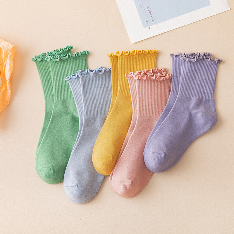 Harajuku Solid Cotton Ruffles Women Socks Lovely Frilly Edge Princess Socks Spring Female Autumn Tube Socks tendencias 2020