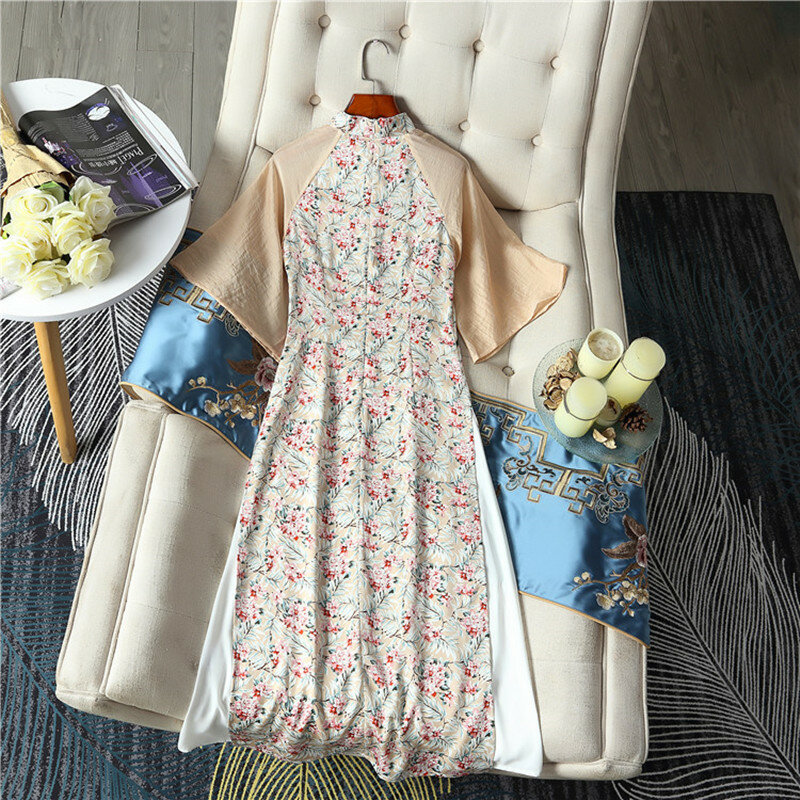 Женское шифоновое платье-Ципао с принтом, пятиконечный реглан с низким воротником-стойкой и большими рукавами, весна-лето 2021