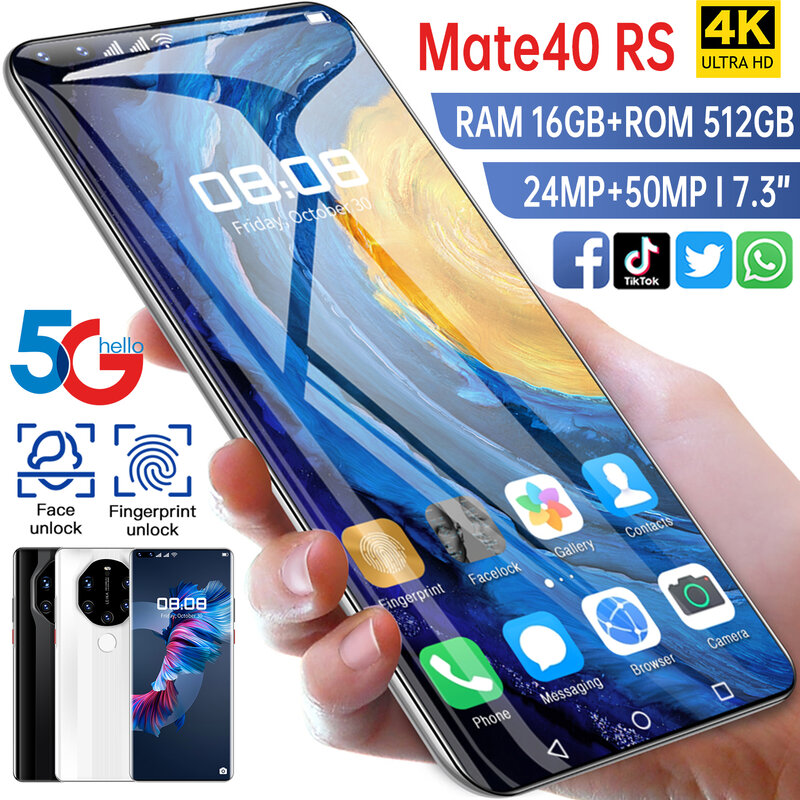 Ponsel Pintar Baru 2021 Mate40 RS Versi Global 16G 512G Android 10 Pengenalan Wajah Sidik Jari 6800MAh Snapdragon 888