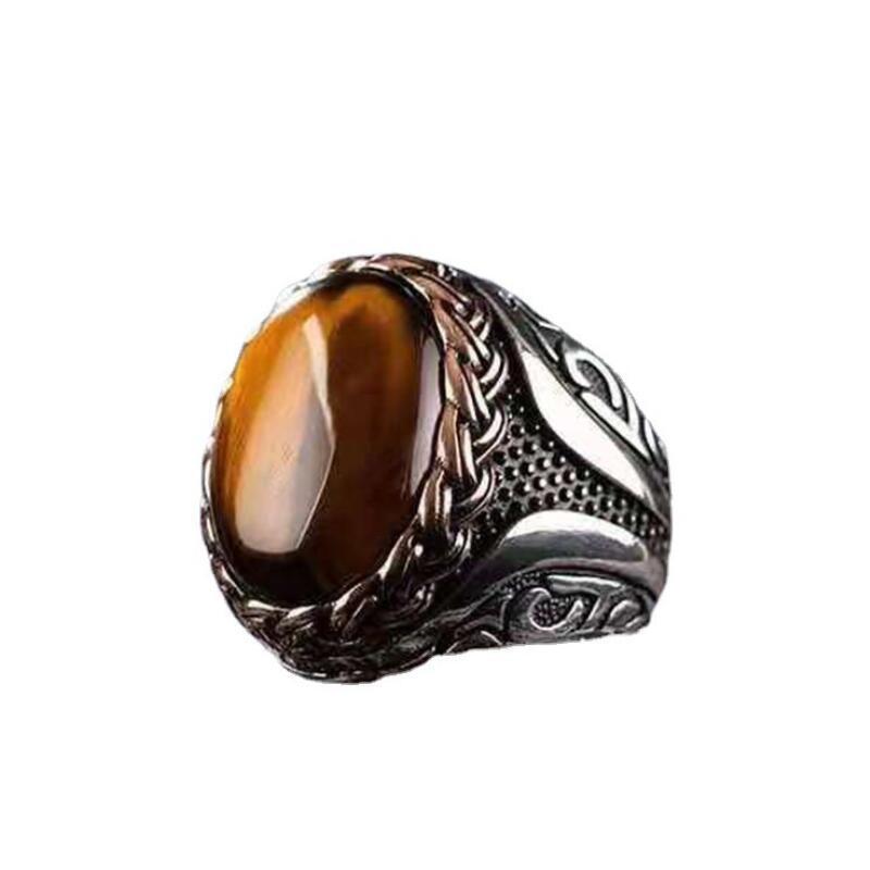 Мужское классическое кольцо тигровый глаз, винтажное металлическое кольцо с гравировкой и искусственным камнем в стиле панк, повседневная ...