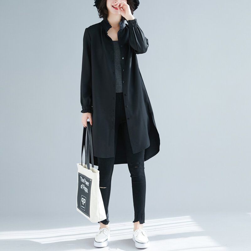 COIGARSAM 2019 nuevo otoño camisa Casual tops para mujer de manga completa de algodón y lino en mucho las mujeres camisas negro 9051