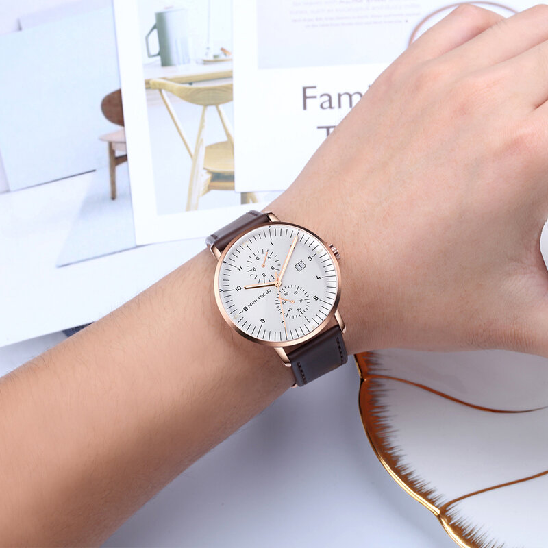 MINI FOCUS – montre-bracelet en cuir véritable marron pour hommes, horloge à Quartz, affichage automatique de la Date, classique, Business