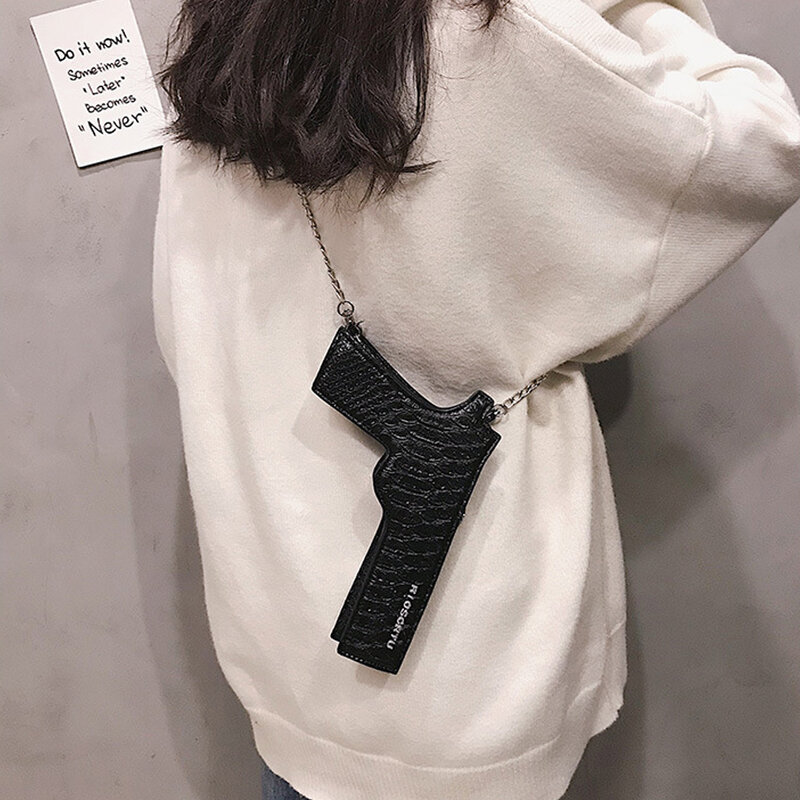 女性の個性的な銃の形をしたハンドバッグ,チェーン付きの高級puデザイナーショルダーバッグ,女性のための小さな女性のハンドバッグ,2022