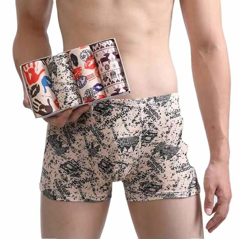 Pria Petinju Singkat Celana Dalam Katun 4 Pack (Berbagai Macam Desain)