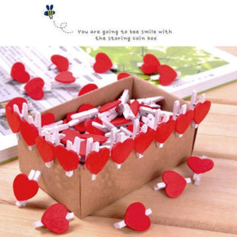 20PCS School Office Accessories Cute Mini Red Lover Heart Shaped Wooden Clips Memo Clip For Kids Gift