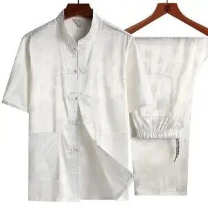 Conjunto de roupa de verão casual, roupa de meia-idade de manga curta de seda para homens