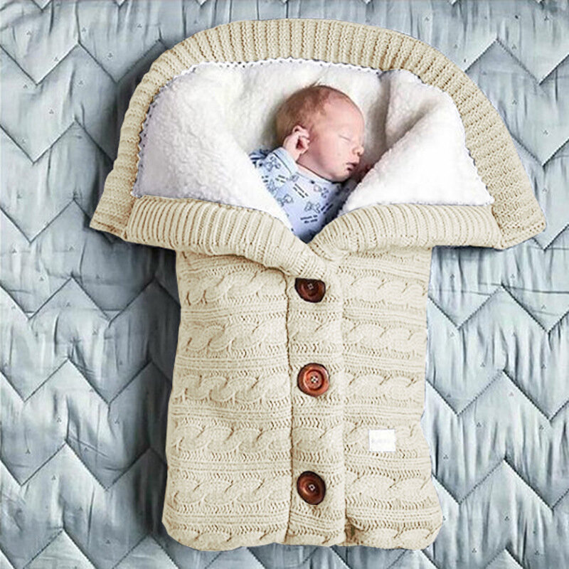 Saco de dormir cálido de invierno para bebé recién nacido, edredón de punto con botón para envolver el cochecito, manta para niño pequeño, saco de dormir para bebé