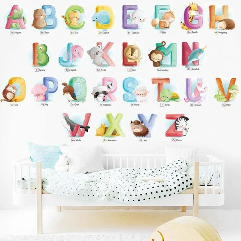 Desenhos animados animais alfabeto adesivos de parede para sala de crianças auto adesivo escola jardim de infância decalques de parede berçário