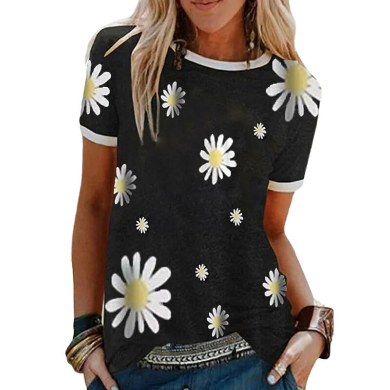 2021 sommer Neue Frauen Mode Daisy Druck Oansatz Kurzarm T-shirt Damen Casual Baumwolle T-Shirts Tops Tees Streetwear