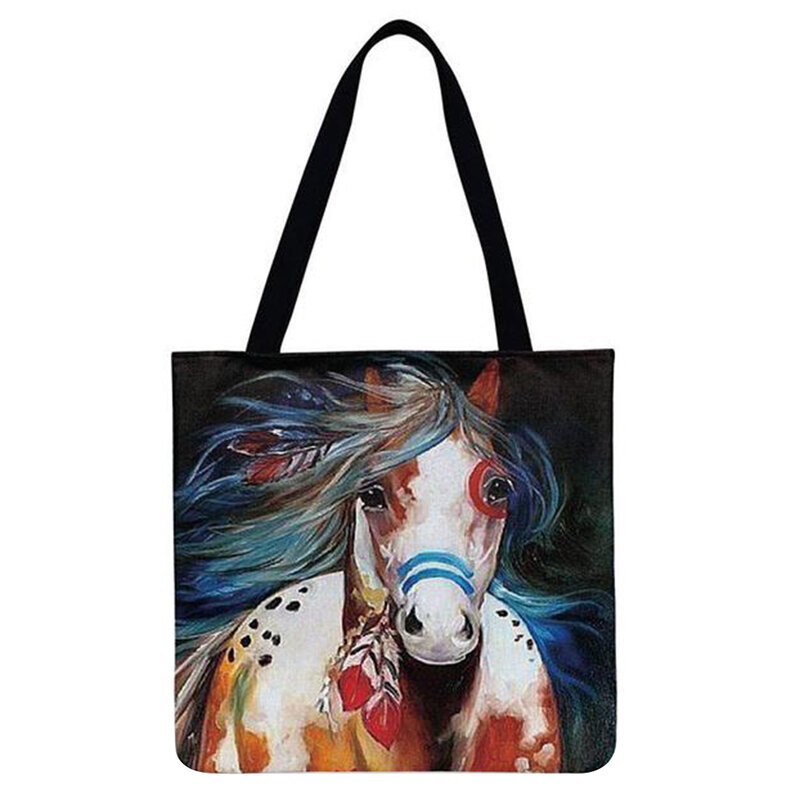 Reusable Linen Shopping Handbags Casual Ladies Animal Horse Printed Pattern Tote Square Large Capacity Storage Bag