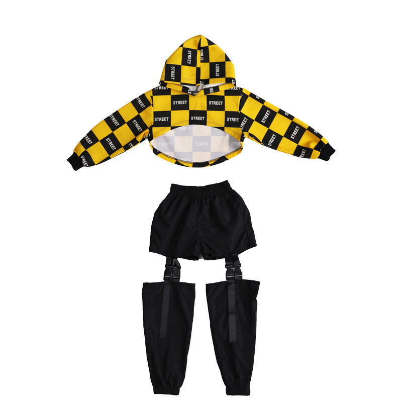 Pakaian Anak Hip Hop Kotak-kotak Hoodie Sweatshirt Crop Top Lengan Panjang Streetwear Lubang Jogger Celana untuk Anak Perempuan Kostum Tari Jazz